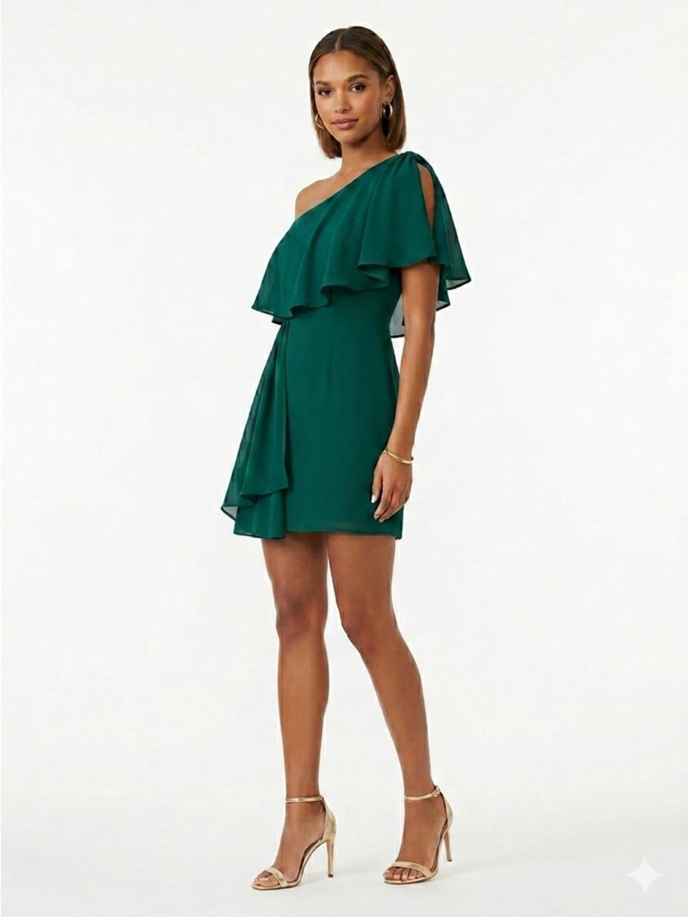 Central Park West Cusp One Shoulder Ruffle Silk Mini Dress Emerald Green Small